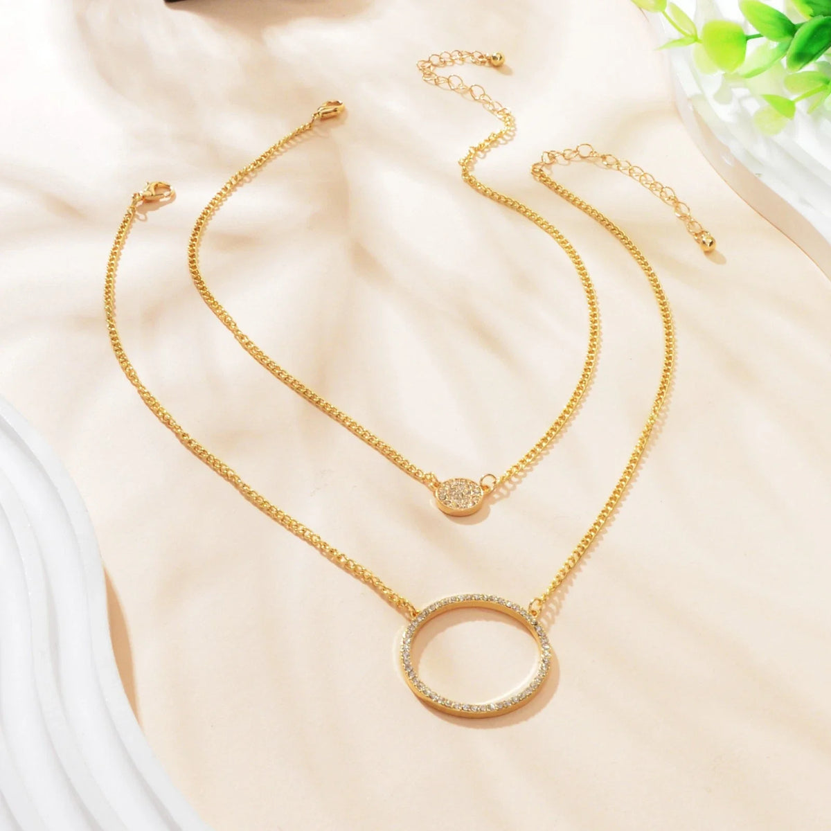 2 pcs Gold Silver Chain Rhinestone Round Circle Pendant Necklace Jewellery Gift-2